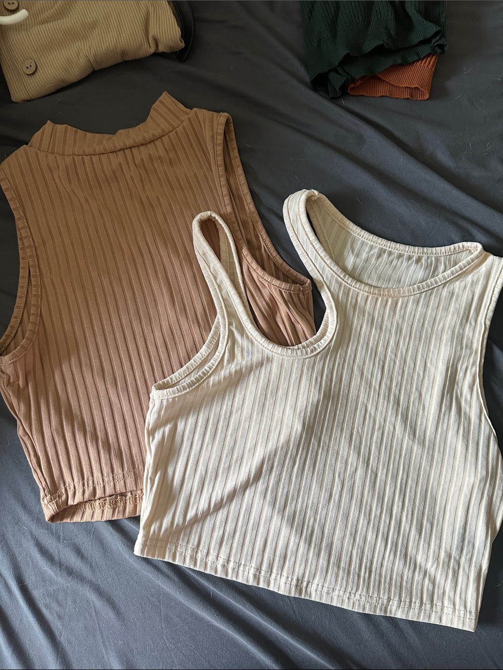 Ribbed Tank Crop Tops - Cream and Brown